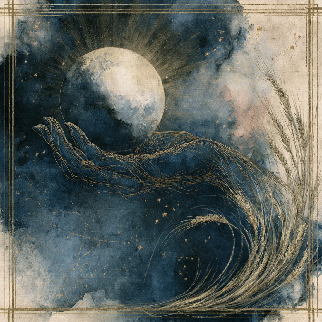 An open hand reaching toward the moon, with wheat and gold constellation lines