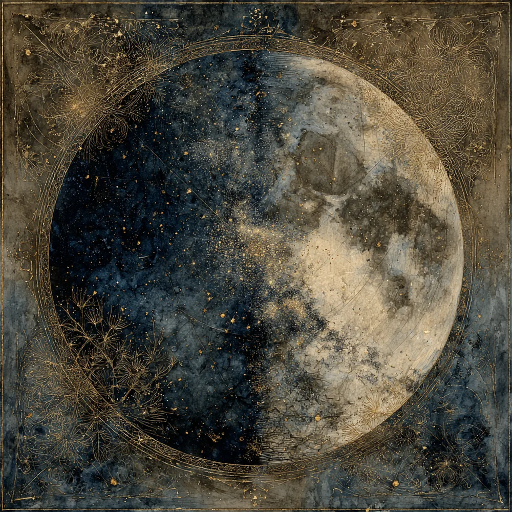 A waxing half-moon, the right side lit and the left in shadow, in indigo and gold with an ornamental gold border