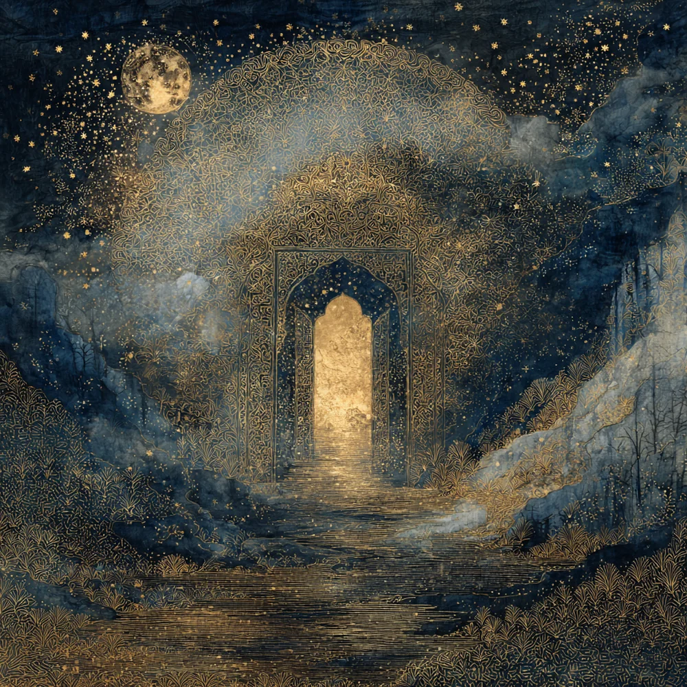 A glowing golden archway opening onto a starlit sky beneath the moon