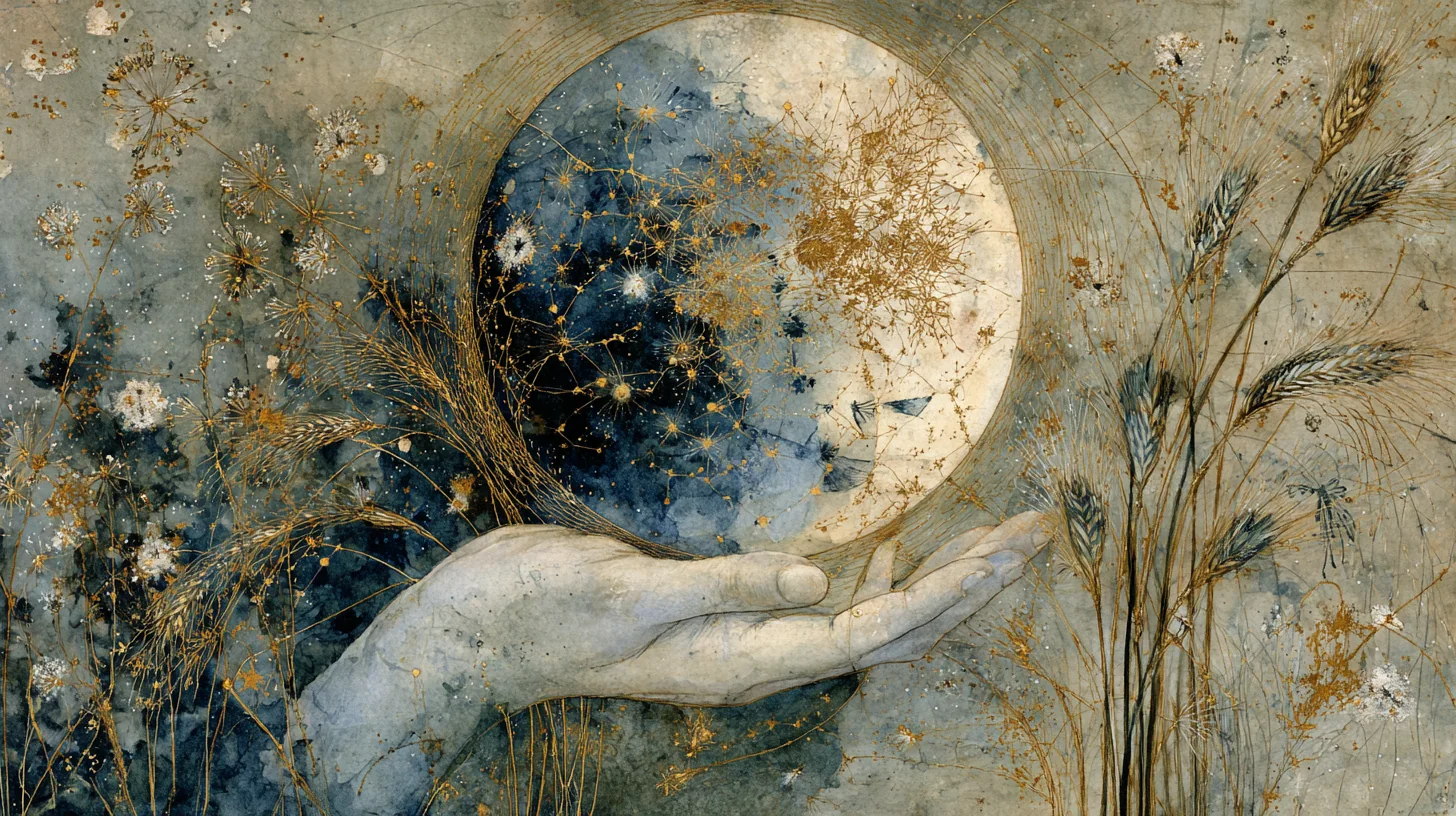 Watercolour of an open hand cradling a half-lit moon among golden constellations and wheat