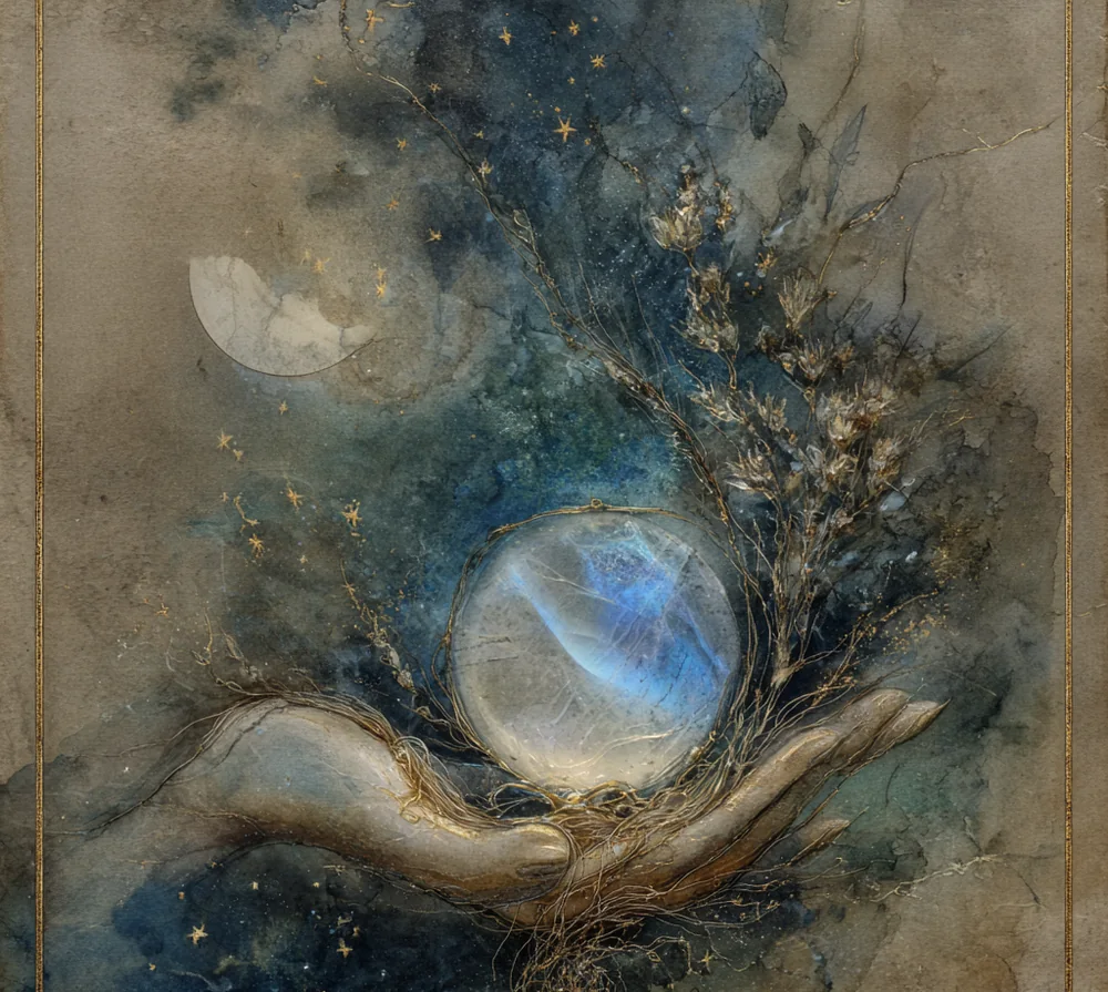 A luminous moonstone with floating blue light, cradled in an open hand among wheat and a waxing moon